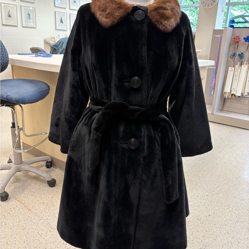 Black Faux Fur Coat with Real Mink Fur Brown Collar w/ Tie
